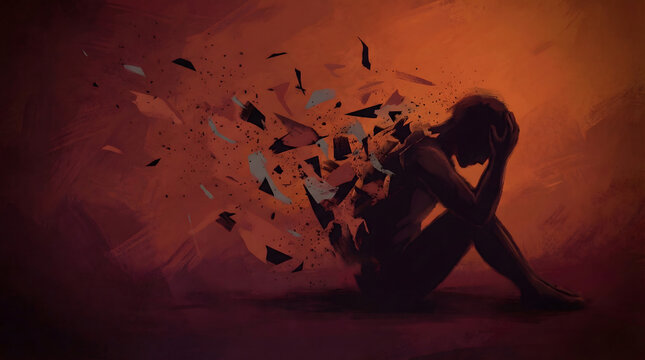 woman sitting in despair with shattered pieces around her