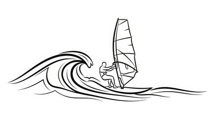 Obraz premium Windsurfing - Dynamic Line Art Illustration of Windsurfer Riding Large Ocean Wave with Sail