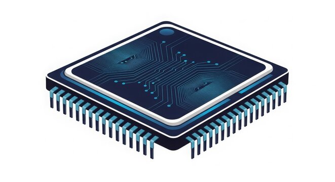Technology - Isometric Microchip Processor with Blue Circuit Traces and Gull Wing Pins on White Background
