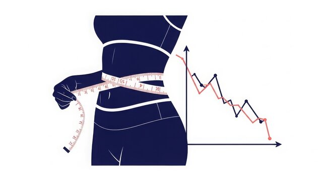 Weight Loss - Woman Measuring Waist with Tape Measure Alongside Declining Graph Chart Showing Body Progress