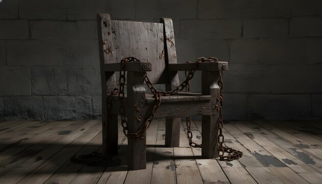 Vintage wooden restraint chair wrapped in heavy rusted chains inside a dark stone dungeon cell for captivity and torture concept
