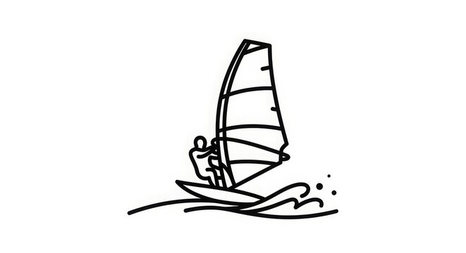Windsurfing - Bold Black Line Art Icon of Windsurfer Riding Waves on Surfboard with Large Sail