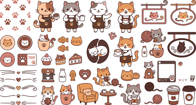 Cute Cat Coffee Shop Vector Collection Featuring Kawaii Cats Cafe Elements Desserts Yarn Balls Stickers Frames And Decorative Icons.