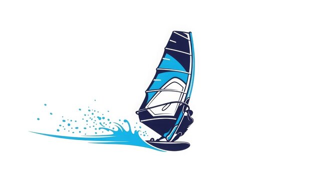 Windsurfing - Dynamic Windsurfer Riding Ocean Wave with Blue and Navy Sail Splash Vector Illustration