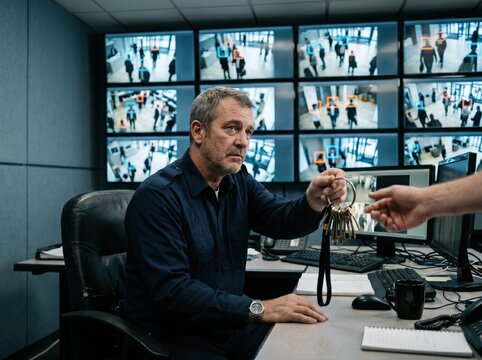 Security guard handing over keys beside automated monitor wall