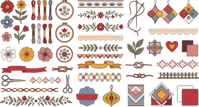 Handcrafted Embroidery Ornament Vector Collection Featuring Floral Stitch Patterns, Sewing Elements And Folk Textile Decorations.