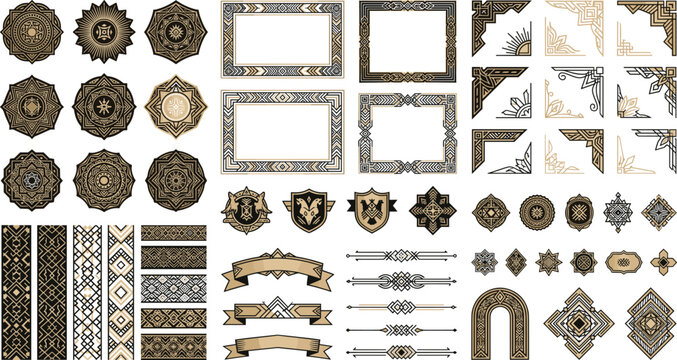 Luxury Art Deco Ornament Frame Vector Collection Featuring Geometric Borders, Vintage Badges And Elegant Gold Decorative Elements.
