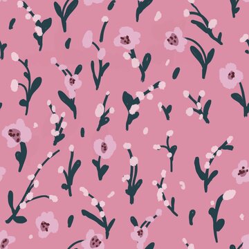 Seamless floral pattern with hand-drawn pink flowers