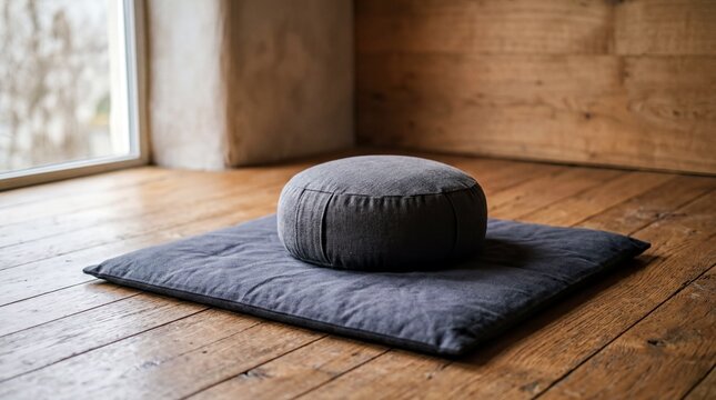 zen space decor, a serene meditation cushion sits on a polished wooden floor, inviting calm