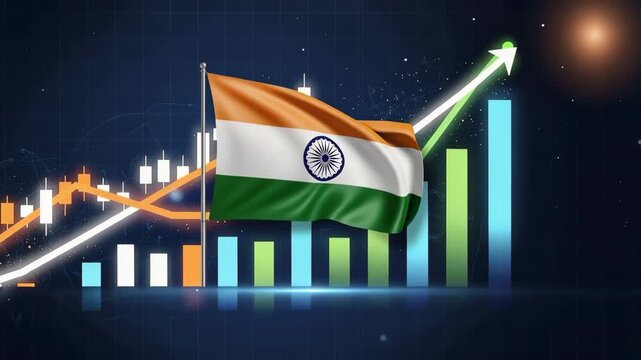 Waving Indian flag with rising bar and candlestick charts symbolizing India's economic growth and financial market trends