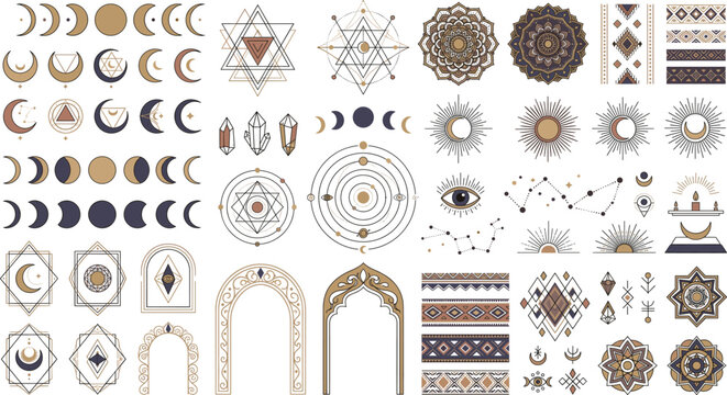 Boho Celestial Geometric Vector Collection Featuring Moon Phases Sacred Geometry Mandalas Sunbursts Crystals Constellations Ethnic Ornaments And Decorative Frames.