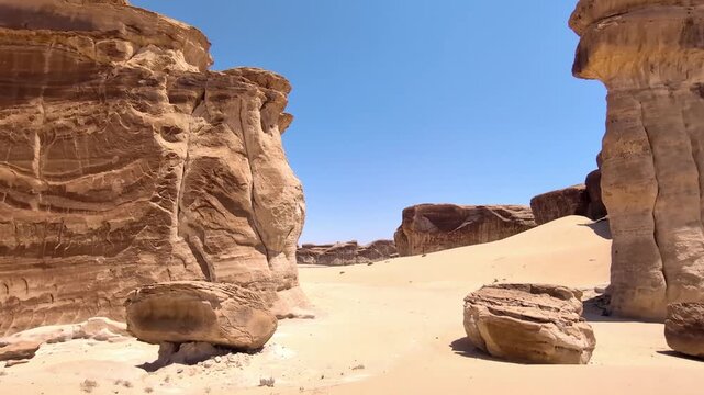 View of unique rock formation in Saudi Arabia Alula desert on a sunny day.