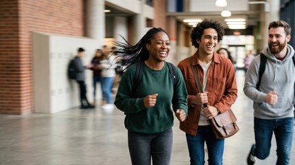 Fototapeta premium Diverse College Students Running Through University Hallway Laughing Together