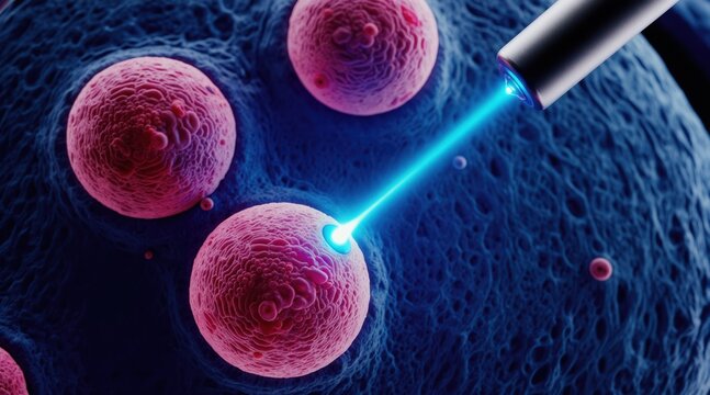 Laser beam targets abnormal cells. Close up view medical procedure. Targeted therapy for disease. Future medicine innovation. Scientific research concept. Cellular treatment.