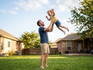 Obraz premium Father tossing laughing child on sunny backyard lawn