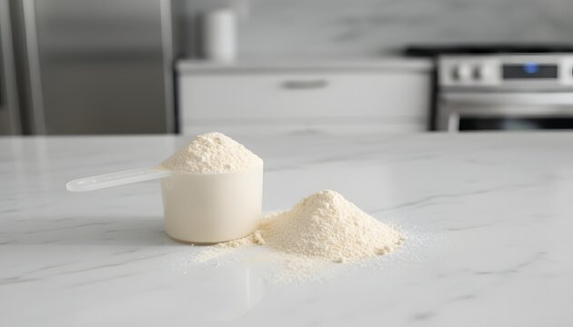 A plastic protein powder scoop on the left of a heap of white nutritional supplement on a marble kitchen counter for a healthy fitness lifestyle concept