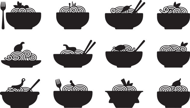 Bowls of ramen noodles with chopsticks and fork for Asian cuisine.