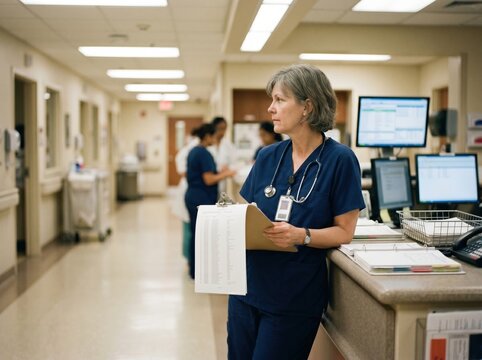 Hospital nurse reviewing patient assignments at nurses station