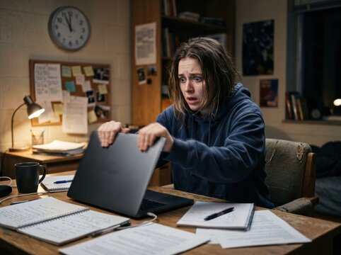 Panicked student closing laptop after missing deadline