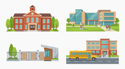 Fototapeta premium A collage of four illustrations depicting different school buildings and scenes. The top left shows a traditional brick building with a clock tower.