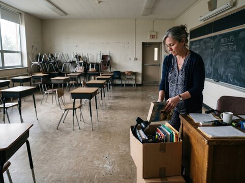 Teacher packing classroom box amid school enrollment decline