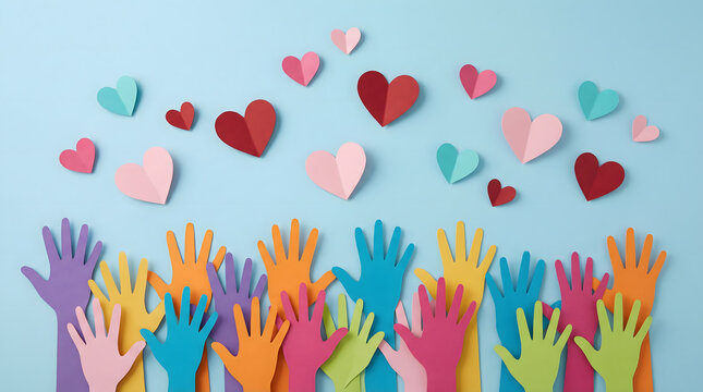 colorful hands reaching up with hearts