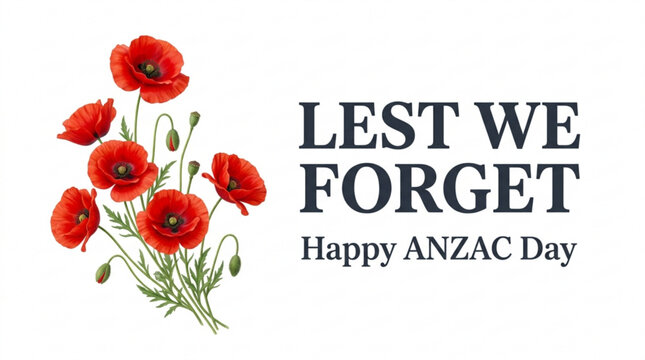Vibrant red poppies with 'lest we forget happy anzac day' text on white background for remembrance and celebration