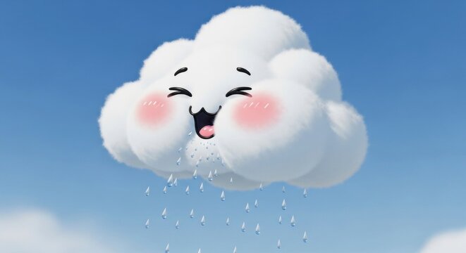 Cartoon cloud smiling with raindrops against a blue sky background