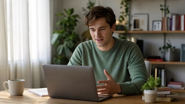 Generative AI, Caucasian Man Gesticulating During Remote Online Meeting on Laptop