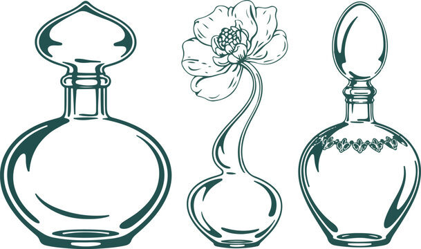 vintage perfume bottles with floral elements, elegant empty glass vials.