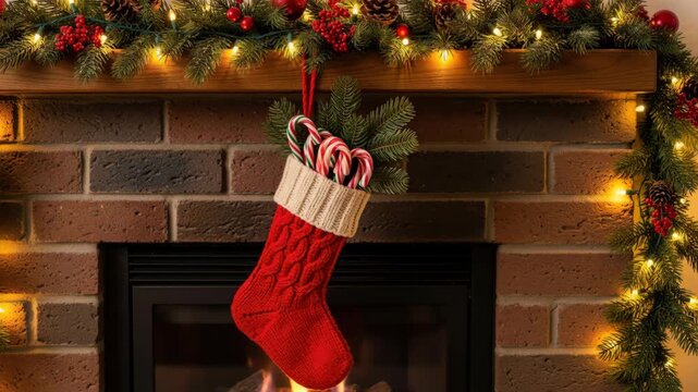 Christmas Stocking by the Fireplace: A festive red Christmas stocking hangs on a brick fireplace, adorned with a garland of pine needles, red berries, and twinkling fairy lights.