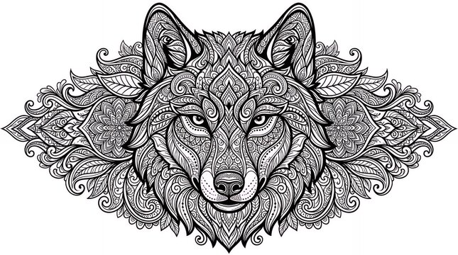 Intricate mandala wolf head line art illustration.