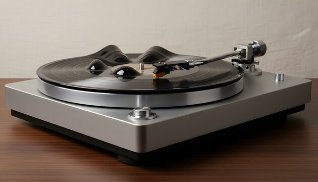 Warped vinyl record on a modern silver record player turntable, representing distorted sound quality, audio failure, and imperfection in analog music concept