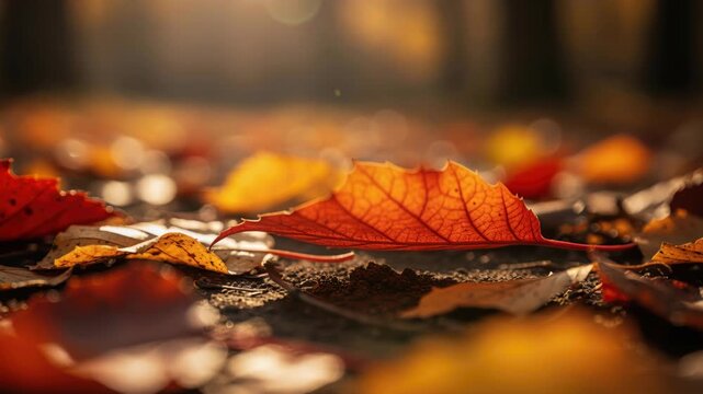 Autumn Leaves Carpet: A close-up perspective of vibrant autumn leaves in shades of red, orange, and yellow, scattered across the ground, evoking the crisp air and colorful beauty of the fall season.