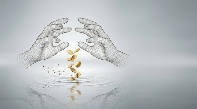 Hands releasing golden coins into water