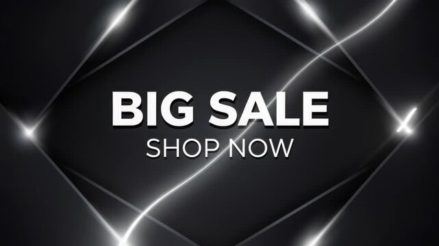 BIG SALE - SHOP NOW: A bold and modern graphic design promoting a big sale with the call to action SHOP NOW, set against a sleek, dark background with glowing abstract lines.
