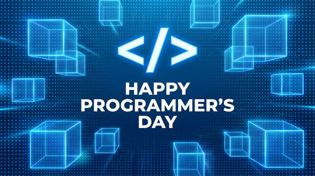 Happy programmers day banner with glowing code symbols