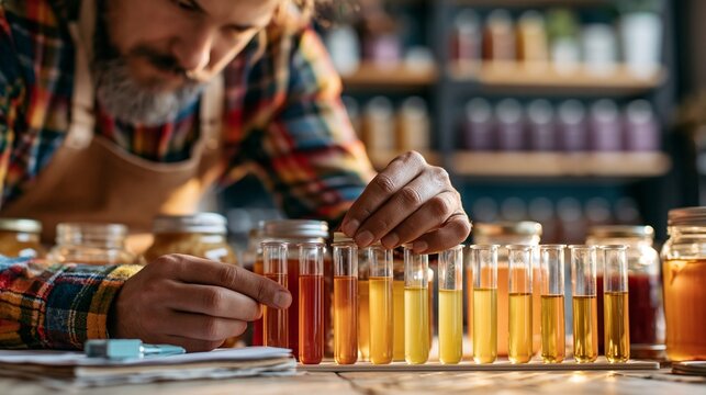 Food scientist labeling experimental kombucha samples in test tubes soft natural sunlight illuminating a cozy craft fermentation lab with shelves of homebrew jars in soft focus
