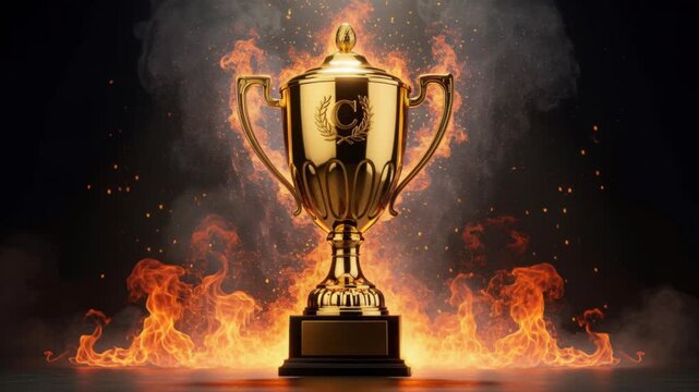 Golden Trophy Ignited by Fire: A magnificent golden trophy stands as a symbol of ultimate victory, dramatically engulfed in roaring flames and smoky haze, signifying an intense and fiery triumph.