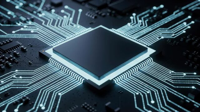 Central Processing Unit Detail: A close-up, glowing view of a central processing unit (CPU) on a motherboard.