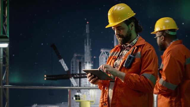 Offshore platform engineer monitors fuel shortages caused by embargo slowing operations while drilling rig manager evaluates production with tablet during international oil crisis.