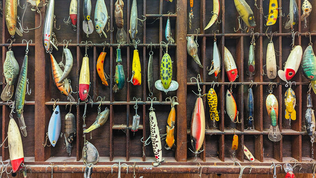 Collection of vintage fishing lures displayed in an antique shadow box