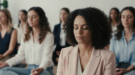 Fototapeta premium Women in business attire practice group meditation in office setting. Diverse females find inner peace, calm, focus before work meeting. Seeking mental clarity.