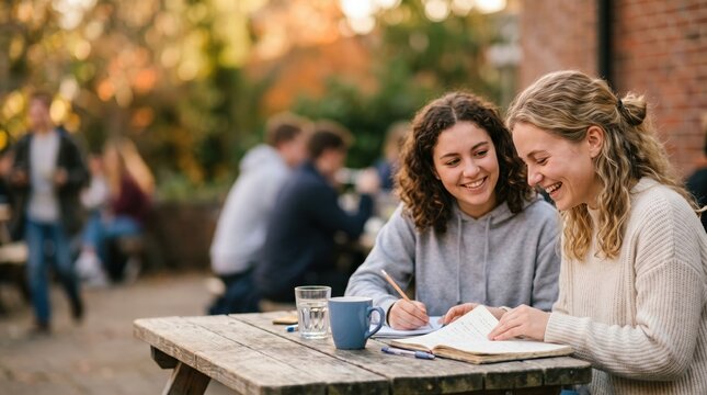 Two Young Caucasian Female Students Studying Together Outdoors at a Wooden Table on a University Campus