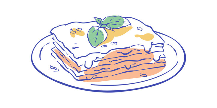 Whimsical mediterranean lasagna doodle with tomato layers, melting cheese and basil on a white plate, playful food illustration for italian brunch or restaurant menu, hand drawn graphic in simple