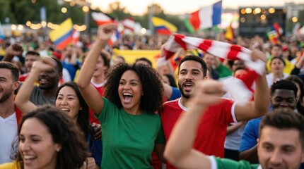Fototapeta premium Diverse Group of Young Adult Soccer Fans Cheering and Celebrating Victory at Stadium