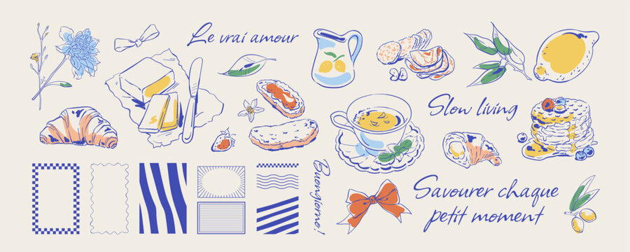 Whimsical french breakfast with doodle food set. Cozy brunch scene as hand drawn cafe tea and coffee with croissant and pancakes dessert. Yellow blue color frame as template set for cute menu or