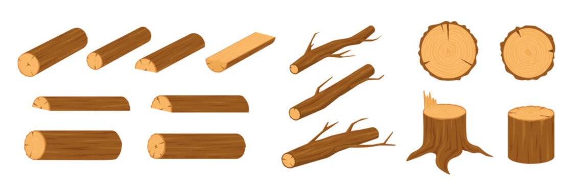 Cute brown cartoon wood log set. Flat tree trunk and branch icon kit with split stump and round slice section. Simple lumber texture on dry firewood concept for sticker, game asset forest nature