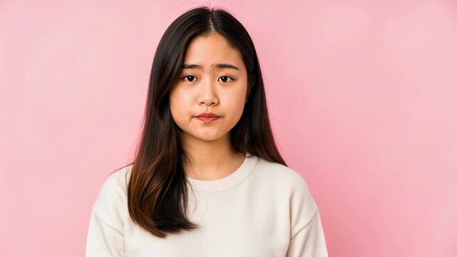 Young Woman's Calm Expression: A young Asian woman with long dark hair and a neutral expression looks directly at the camera, set against a soft pink background.