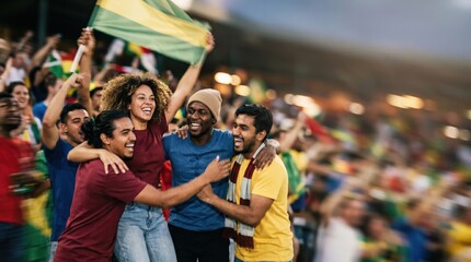 Naklejka premium Diverse group of young adult friends cheering and celebrating victory at a crowded sports stadium
